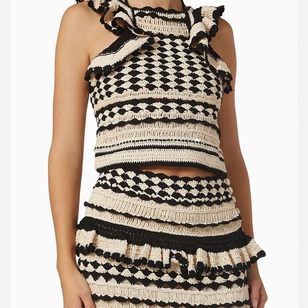 Zimmermann Black & Cream Crochet Ruffle Crop Top and Mini Skirt Set